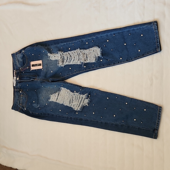 Denim Boulevard Boyfriend Ripped Distressed Rhinestone Jeans - Picture 3 of 13